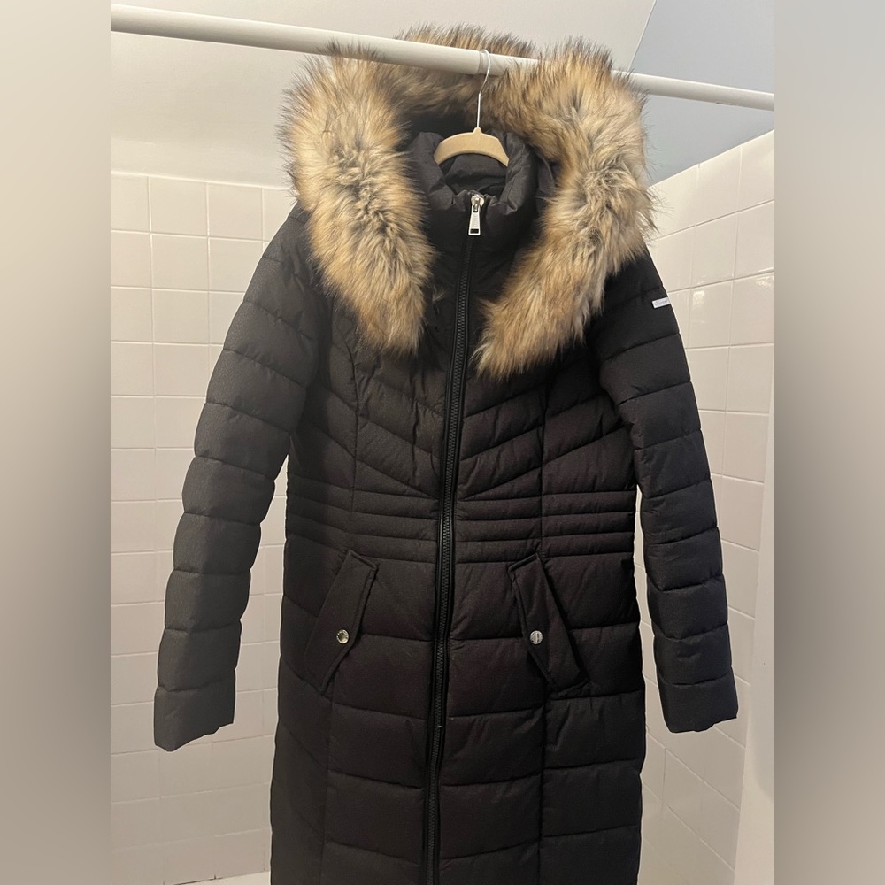 Black extra long puffer coat with removable faux fur trim